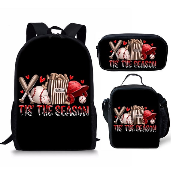 3PCS Baseball Print Backpack Set with Lunch Tote and Pencil Case, Lightweight Travel Daypack with Adjustable Straps and Zipper Compartments, Black