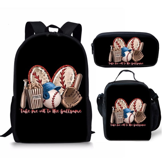 3PCS Baseball Print Backpack Set with Lunch Tote and Pencil Case, Lightweight Travel Daypack with Adjustable Straps and Zipper Compartments, Black