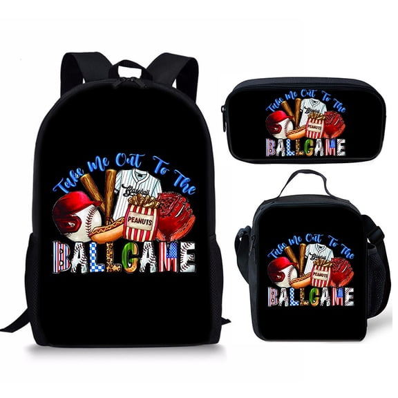 3PCS Baseball Print Backpack Set with Lunch Tote and Pencil Case, Lightweight Travel Daypack with Adjustable Straps and Zipper Compartments, Black