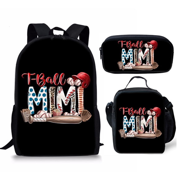 3PCS Baseball Print Backpack Set with Lunch Tote and Pencil Case, Lightweight Travel Daypack with Adjustable Straps and Zipper Compartments, Black