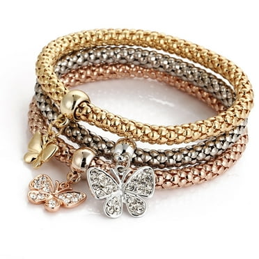 3PCS Beads for Bracelets Charm Women Bracelet Gold Silver Rose Rhinestone Bangle Jewelry Set, Bracelet for Women Girls