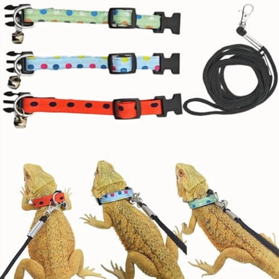 3PCS Bearded Dragon Lizard Leash Collar Harness Mini Adjustable Reptile Collar with Bells Nylon Pet Collar Suitable for Lizard Bearded Dragon Gecko Chameleon Safety Outdoor Walking