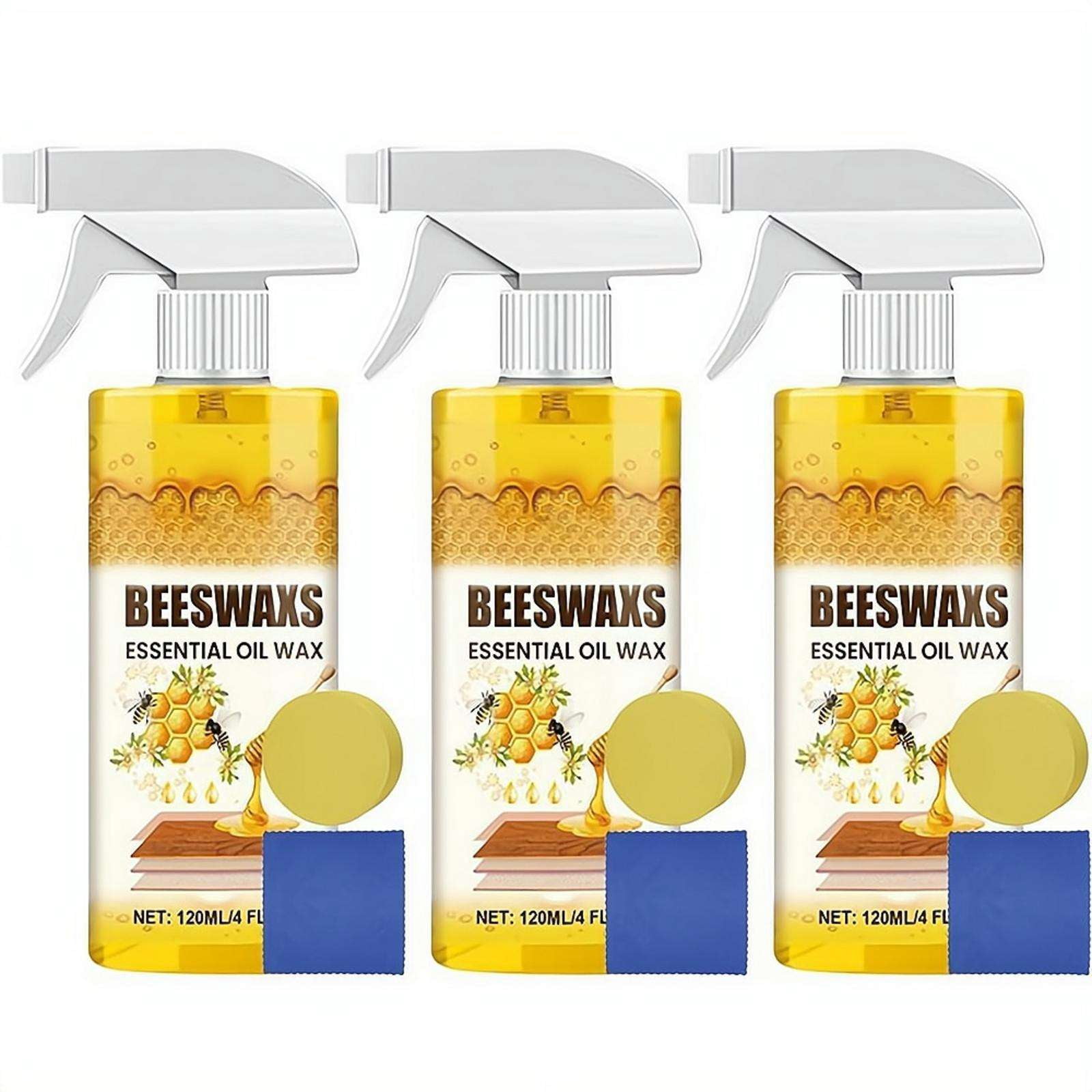 3PCS Beeswax Spray for Wood, Beeswax Wood Polish Spray, Bees Wax Furniture Polish Cleaner with 3 Sponge and 3 Towel for Living Rooms,Kitchens - 120ML/4FL