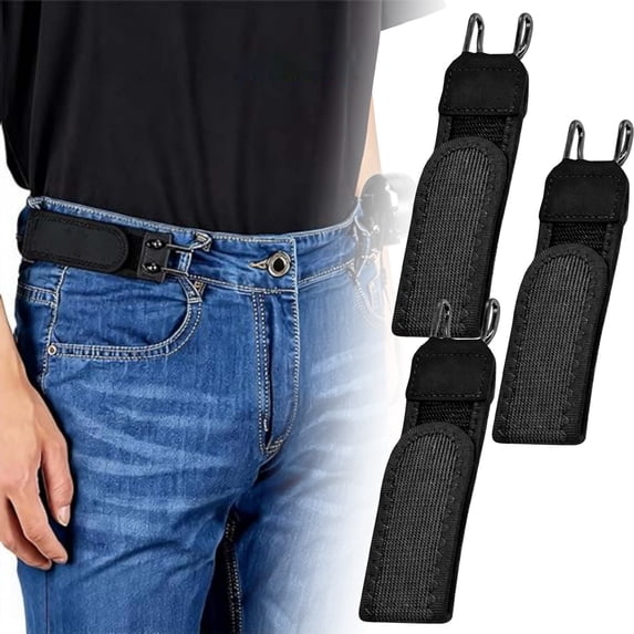 3PCS Beltless Belt,Hair Metal Hook Elastic Belt,Buckle-Less Side Adjustable Invisible Waist Unisex Belt for Travel & Everyday(Black)
