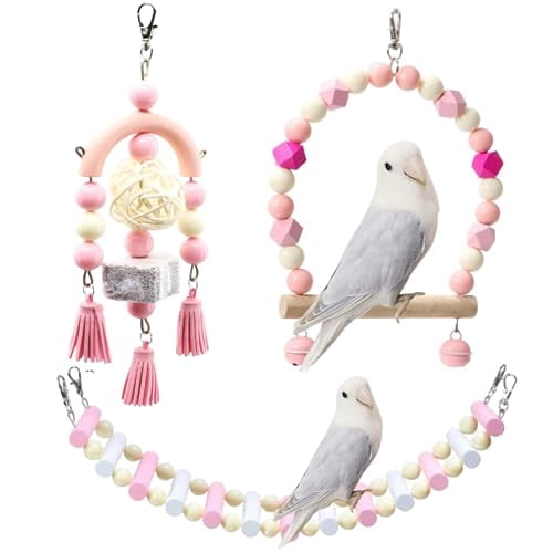 View of 3PCS Bird Toys Bird Foraging Toys Chewing Hanging Birdcage Swing Cage ...