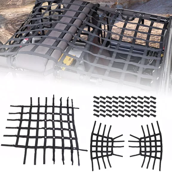 3PCS Black Mesh Roof Restraint Protective Cargo Trunk Net Kit Compatible With for Jeep Wrangler TJ 1997-2006