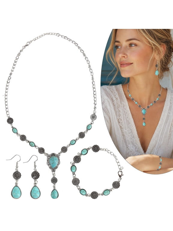 3PCS Bohemian Western Jewelry Turquoise Set for Women, Vintage Silver Chain Boho Blue Bead Western Style Long Choker Wrist Ring Gypsy Festival Gift
