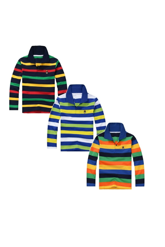 3PCS Boy Polo Shirts 7-8 Years Long Sleeve Striped Shirt Button Closure School Uniform Tee Big Boys Cotton Breathable Fabric Polo Rugby Shirt Tops