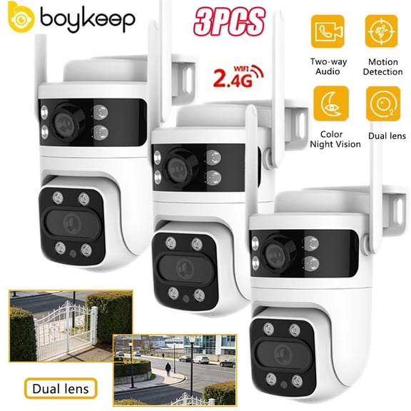3PCS Boykeep Dual Lens WiFi Smart Security Camera, 1080P PTZ Home Camera with Color Night Vision & 2-Way Audio