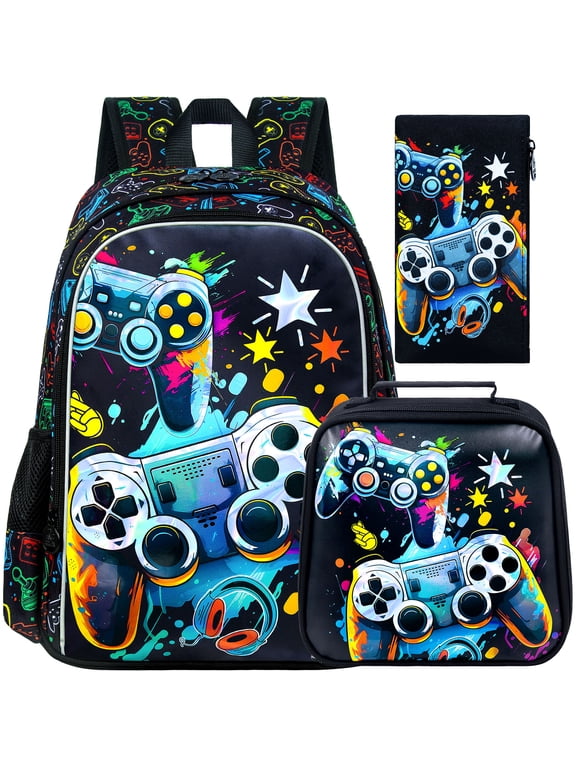 3PCS Boys Backpack, 16" Game Kids Bookbag and Lunch Box, Water Resistant Preschool Backpacks for Elementary Students