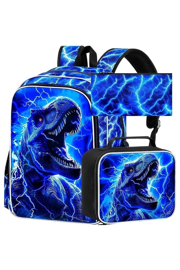 3PCS Boys Backpack Set – 17" Dinosaur Bookbag with Lunch Box, Water Resistant Teenagers School Backpack for Middle & Elementary School – Lightning T-Rex Design