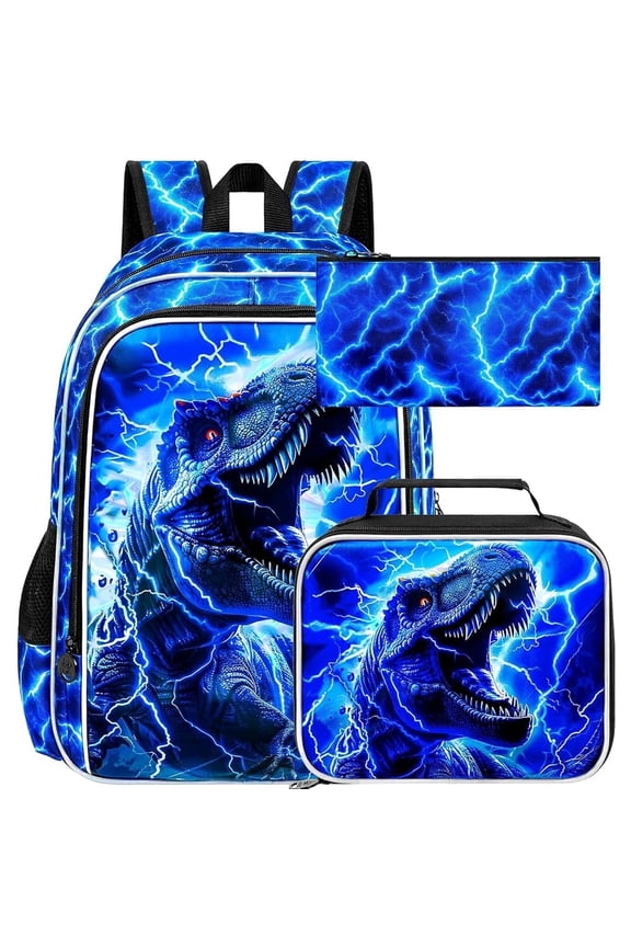 3PCS Boys Backpack Set, 17" Dinosaur Bookbag and Lunch Box, Water Resistant Teenagers School Backpacks for Middle Elementary - Lightning T-Rex