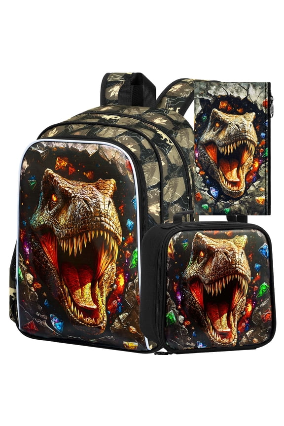 3PCS Boys Dinosaur Pattern Backpack Set, 16 Inch Kids School Bag with Lunch Box for Kindergarten Preschool Elementary Students, Black