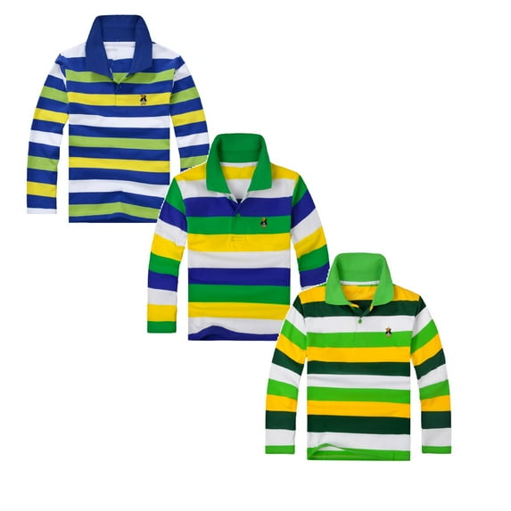 3PCS Boys Polo Shirts 5-6 Years Long Sleeve Striped Shirt Button Closure School Uniform Tee Big Boys Cotton Breathable Fabric Polo Rugby Shirt Tops
