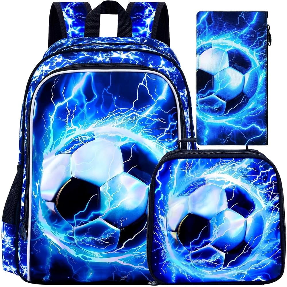 3PCS Boys Soccer Backpack, Kids Lightning Bookbag with Lunch