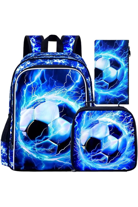 3PCS Boys Soccer Backpack, Kids Lightning Bookbag with Lunch Box, 17" Water Resistant School Bag for Teenagers Elementary Middle