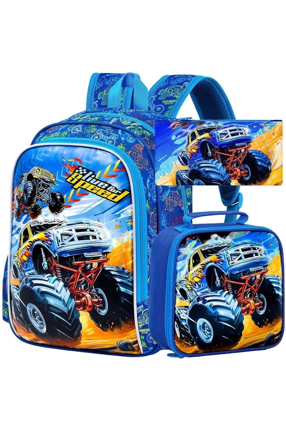 3PCS Boys Truck Backpack, Kids Car Bookbag with Lunch Box, Water Resistant School Bag for Elementary Preschool Toddler