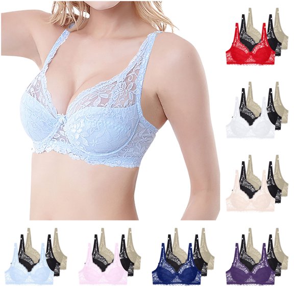 3PCS Bras for Women Underwire Push up Plus Size Solid Color Lightweight Supportive Bras Women's Comfortable Soft Seamless Sleeping Underwear Everyday Bras Light Blue 95C