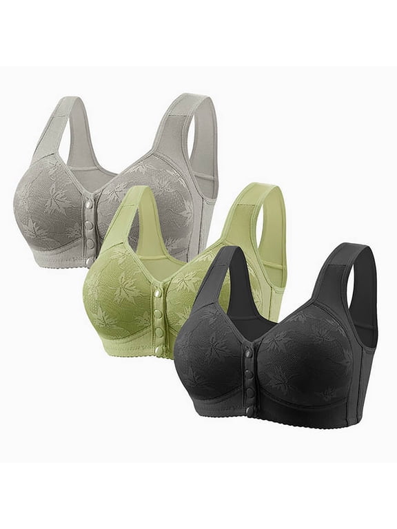 3PCS Bras for Older Women Front Snap No Underwire Comfort Senior Everyday Bras Wireless Plus Size Push up Bra (XL,Green)