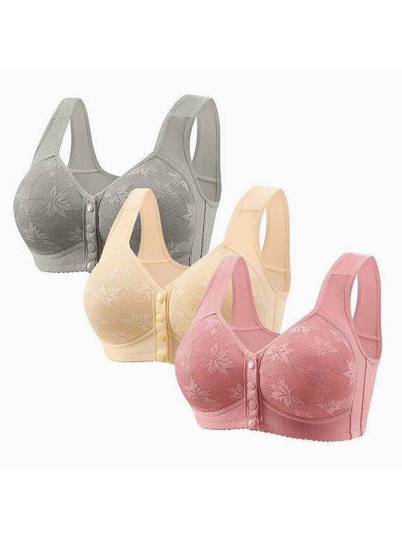 3PCS Bras for Older Women Front Snap No Underwire Comfort Senior Everyday Bras Wireless Plus Size Push up Bra (XXXXL,Beige)