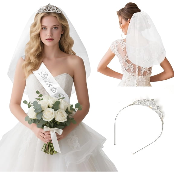3PCS Bride Decorations Set Satin Bride Sash, White Veil with Embroidered Letters, Silver Tiara Headband Elegant Bridal Accessories for Wedding, Bachelorette Party