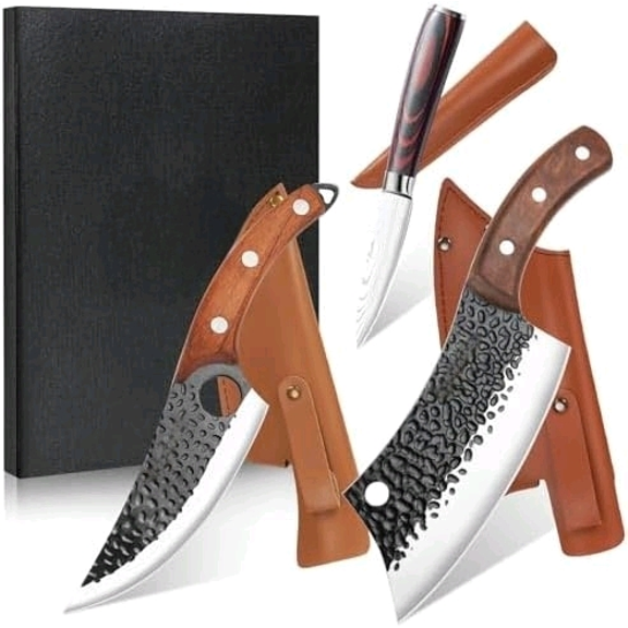 3PCS Butcher Chef Knife Set for Kitchen - Meat Cleaver & Paring Knife, Hand Forged High Carbon Steel Knives with Sheath for Home Cooking, Outdoor Camping, BBQ, Gift Idea for Men