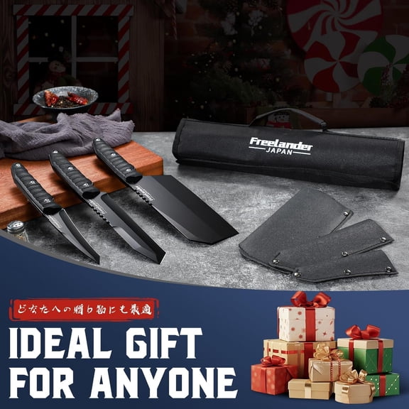 3PCS Butcher Knife Set for Meat Cutting,  Chef Knife Set Dishwasher Safe with Roll Bag, Full Tang BBQ Knifes with Leather Sheath, Christmas Gifts for Men Women