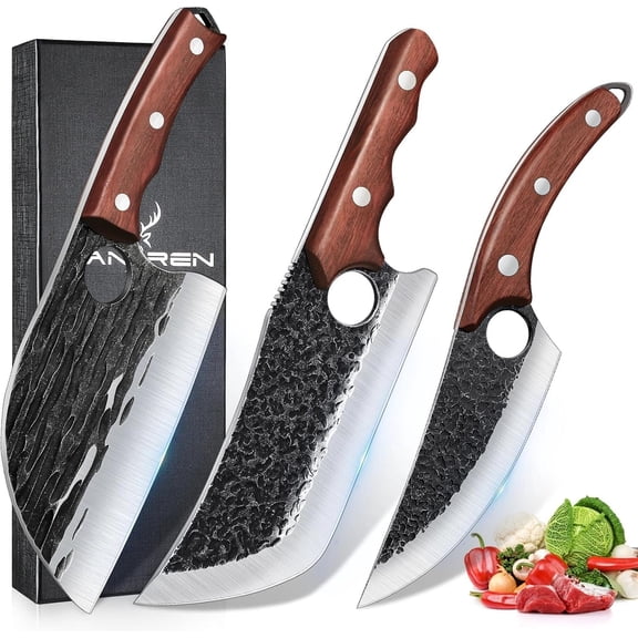3PCS Butcher Knife Set for Meat Cutting Hand Forged Meat Cleaver Knives with Wood Handle Grilling Knife Set for Men Christmas Gifts for Men