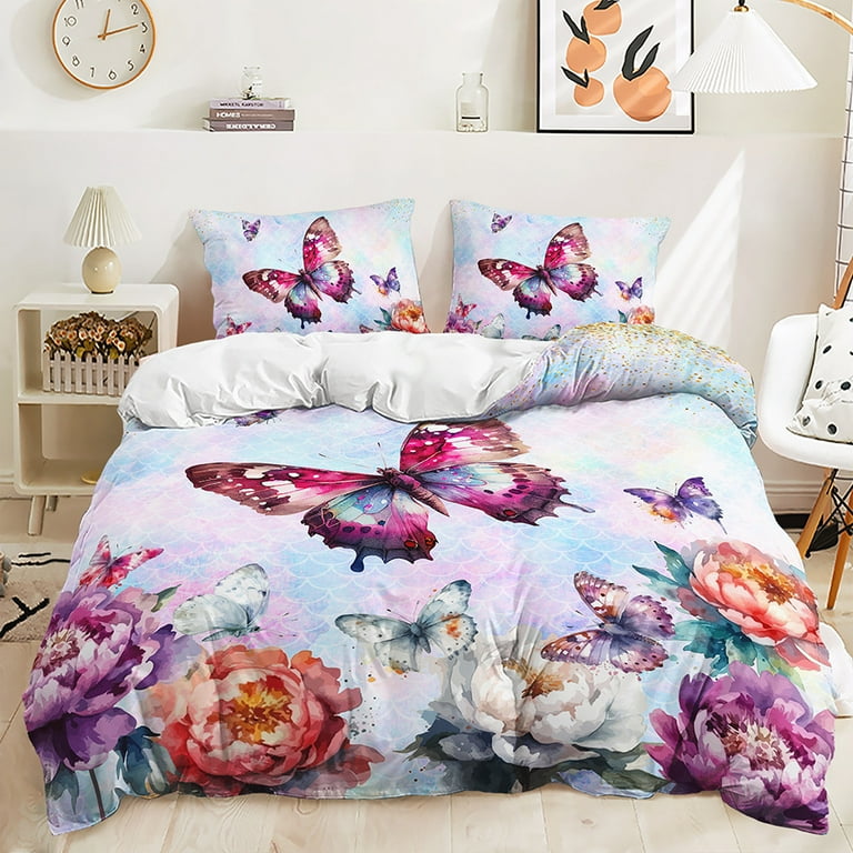 3PCS Butterfly Duvet Cover Set Blue Butterfly Twin Bedding Set Kawaii Reversible Twin Bed Set Beautiful Flower Duvet Cover Cute Bedding Set for Teen Girls and Boys Kids Children Toddler Walmart