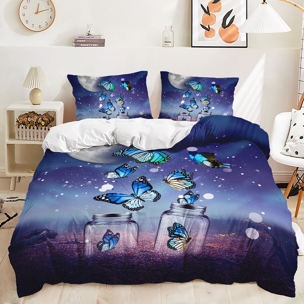 3PCS Butterfly Duvet Cover Set, Blue Butterfly Twin Bedding Set, Kawaii