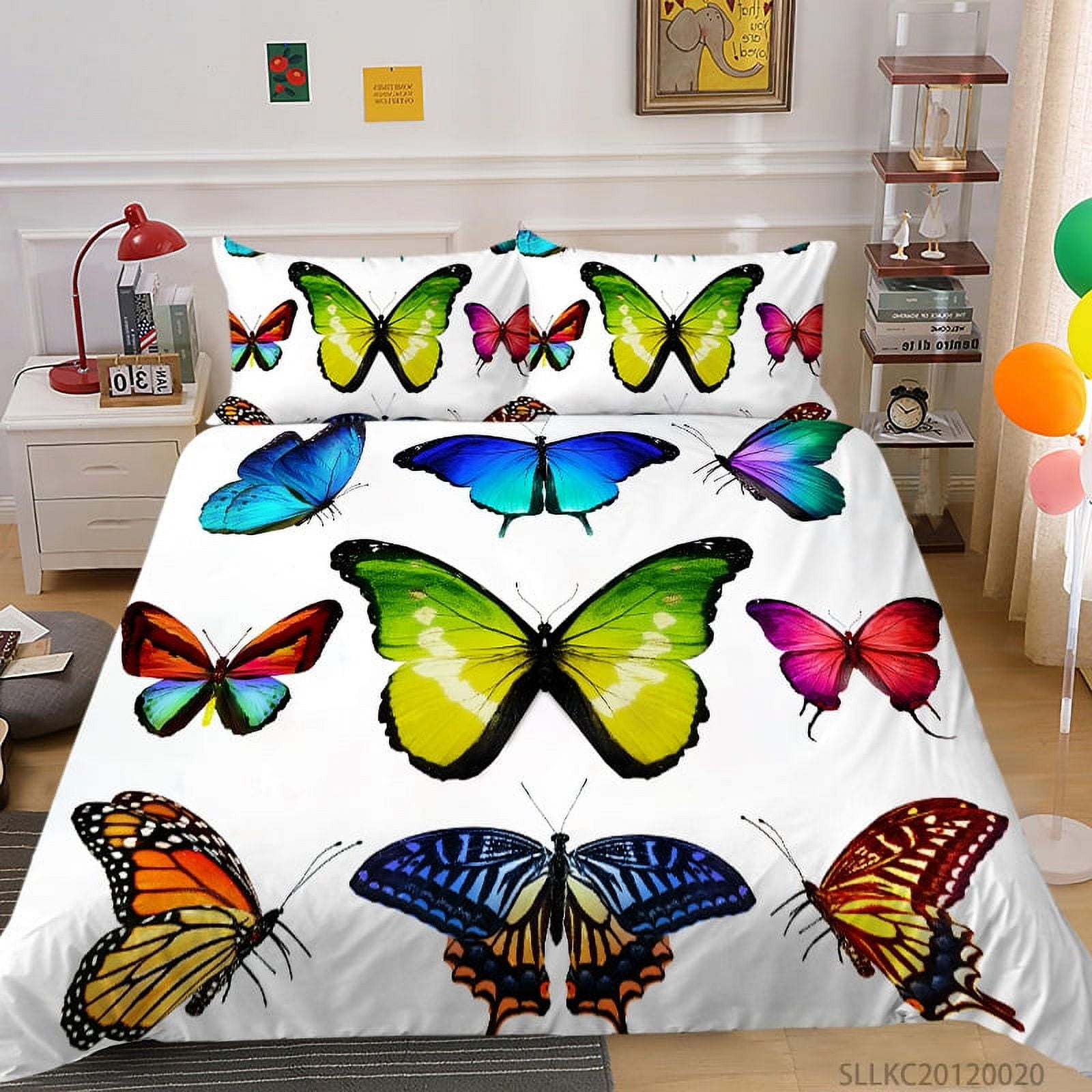 3PCS Butterfly Duvet Cover Set, Blue Butterfly Twin Bedding Set, Kawaii