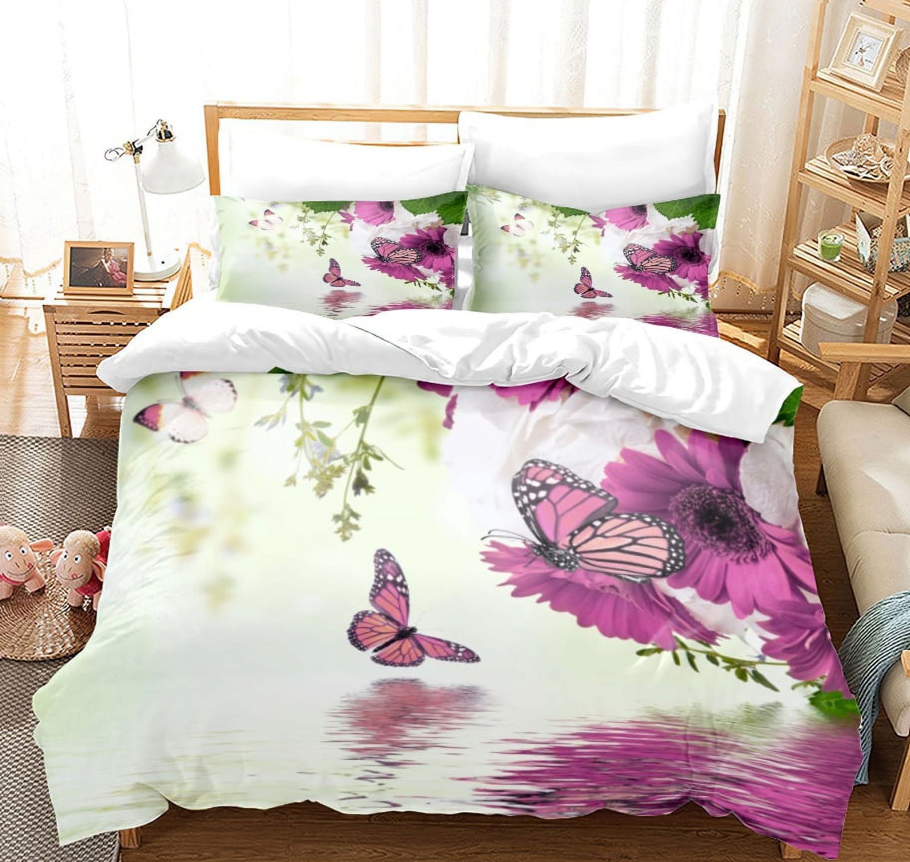 3PCS Butterfly Duvet Cover Set, Blue Butterfly Twin Bedding Set, Kawaii