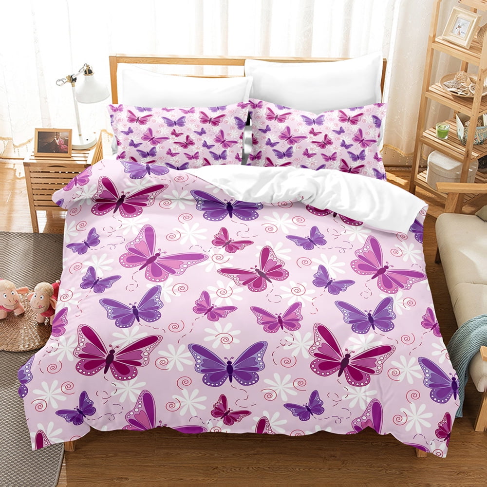 3PCS Butterfly Duvet Cover Set, Blue Butterfly Twin Bedding Set, Kawaii