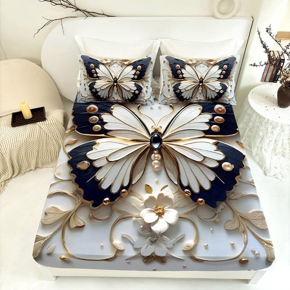 3PCS Butterfly Fitted Sheet Set, Luxury Gold Pearl Print, Mattress Protector, Deep Pocket, Machine Washable(Butterfly,Queen)