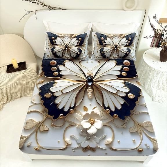 3PCS Butterfly Fitted Sheet Set, Luxury Gold Pearl Print, Mattress Protector, Deep Pocket, Machine Washable(Butterfly,Queen)