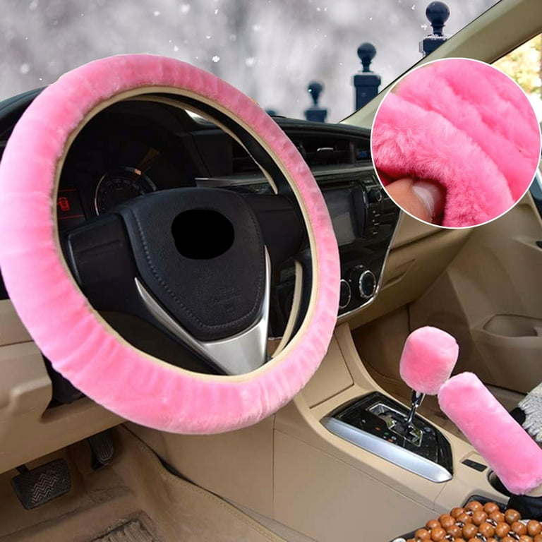 3PCS Car Steering Wheel Cover Plush Fur Fluffy Black Pink