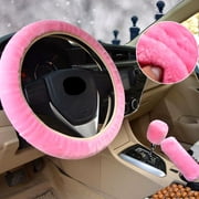 3PCS Car Steering Wheel Cover Plush Fur Fluffy Black Pink Gear Knob Handbrake Cover Soft Warm