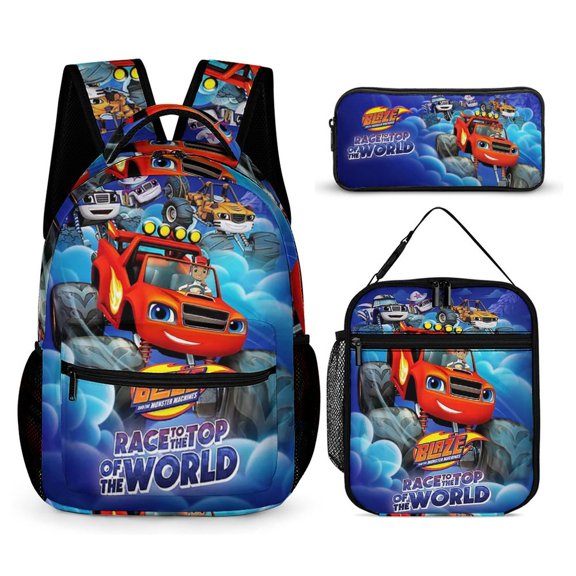 3PCS Casual Blaze And The Monste Backpack Set With Insulated Lunch Box And Pencil Case For Travel Work Camping