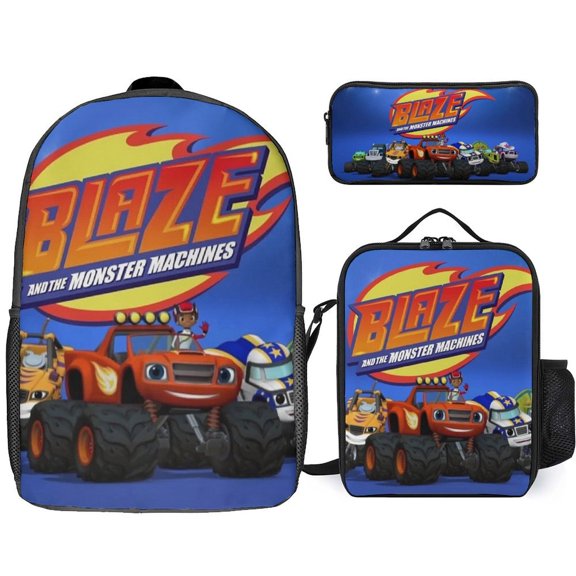 3PCS Casual Blaze And The Monste Backpack Set With Insulated Lunch Box And Pencil Case For Travel Work Camping