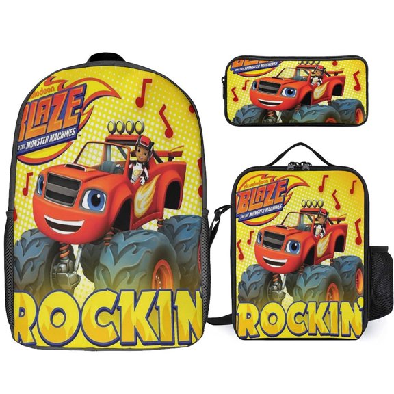 3PCS Casual Blaze And The Monste Backpack Set With Insulated Lunch Box And Pencil Case For Travel Work Camping