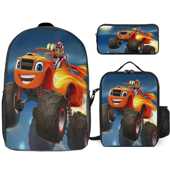 3PCS Casual Blaze And The Monste Backpack Set With Insulated Lunch Box And Pencil Case For Travel Work Camping