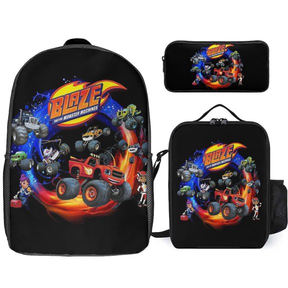 3PCS Casual Blaze And The Monste Backpack Set With Insulated Lunch Box And Pencil Case For Travel Work Camping
