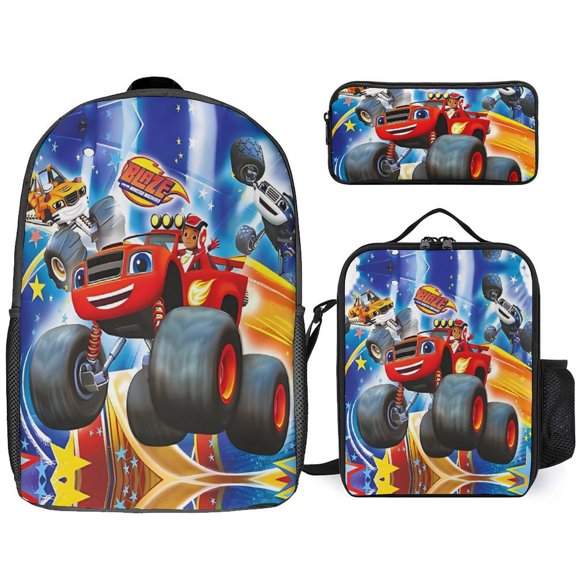 3PCS Casual Blaze And The Monste Backpack Set With Insulated Lunch Box And Pencil Case For Travel Work Camping
