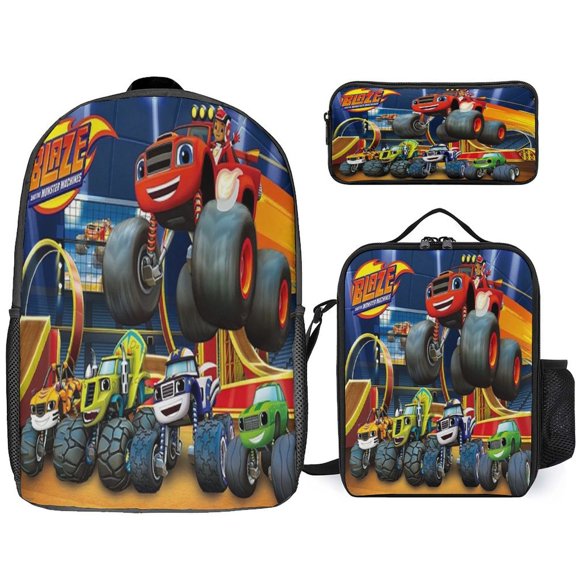 3PCS Casual Blaze And The Monste Backpack Set With Insulated Lunch Box And Pencil Case For Travel Work Camping