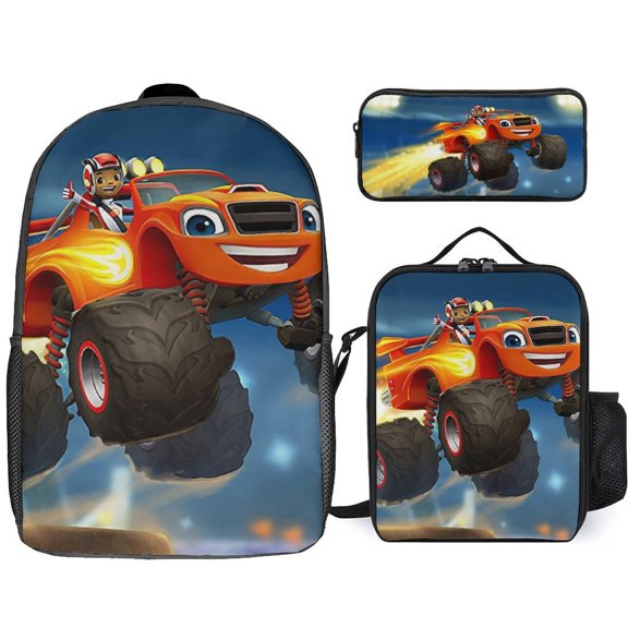 3PCS Casual Blaze And The Monste Backpack Set With Insulated Lunch Box And Pencil Case For Travel Work Camping