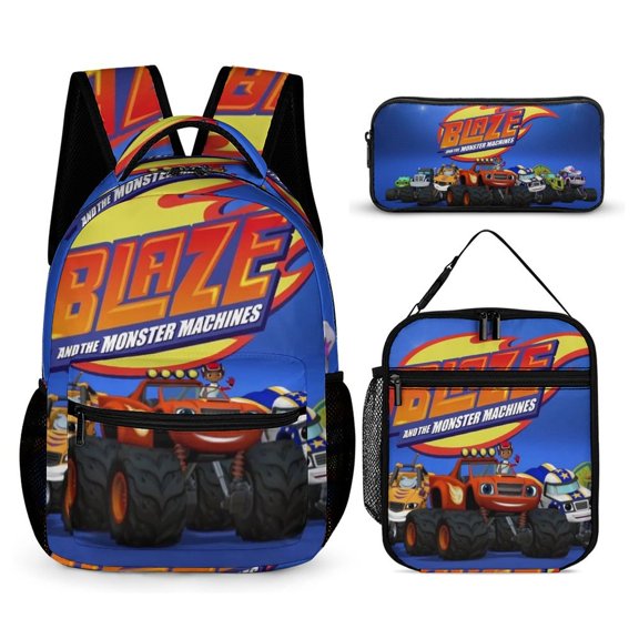 3PCS Casual Blaze And The Monste Backpack Set With Insulated Lunch Box And Pencil Case For Travel Work Camping