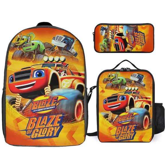 3PCS Casual Blaze And The Monste Backpack Set With Insulated Lunch Box And Pencil Case For Travel Work Camping