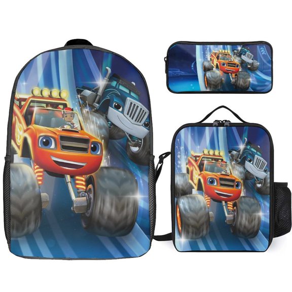 3PCS Casual Blaze And The Monste Backpack Set With Insulated Lunch Box And Pencil Case For Travel Work Camping