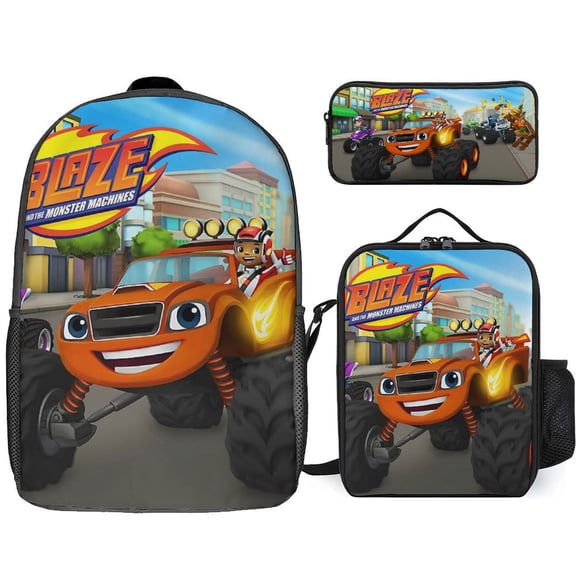 3PCS Casual Blaze And The Monste Backpack Set With Insulated Lunch Box And Pencil Case For Travel Work Camping