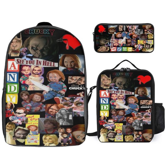 3PCS Casual Chucky Backpack Set Bookbag+Pencil Case+Lunch Bag Combination For Travel Work Camping